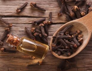 تصویر یک شیشه روغن میخک در کنار دانه میخک